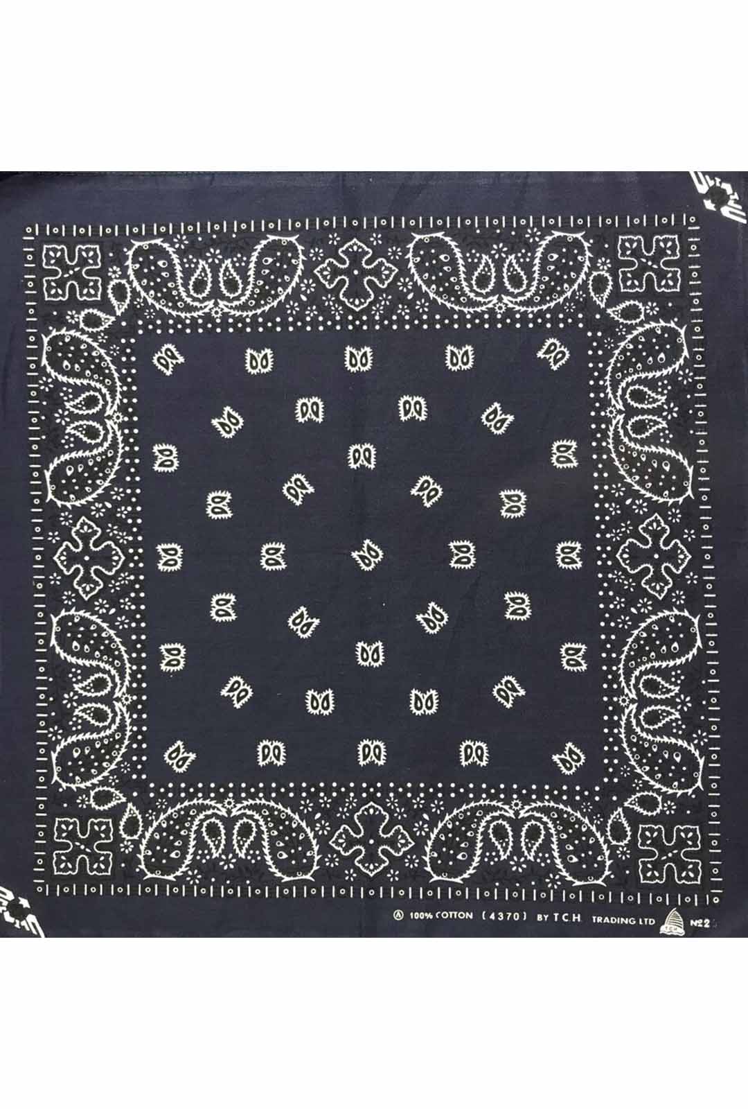 navy blue bandana base with black and white paisley print