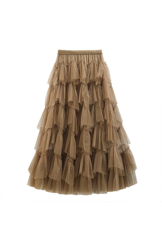 Brown Tiered Long Tulle Skirt