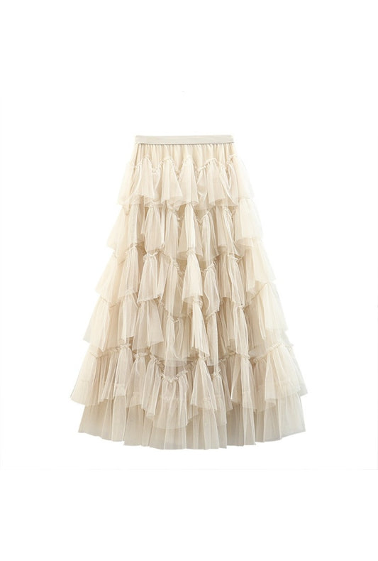 Cream Tiered Long Tulle Skirt