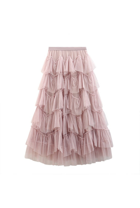 Soft Pink Tiered Long Tulle Skirt