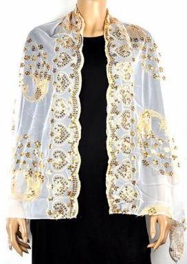 Peacock Sequin Shawl in White and Gold