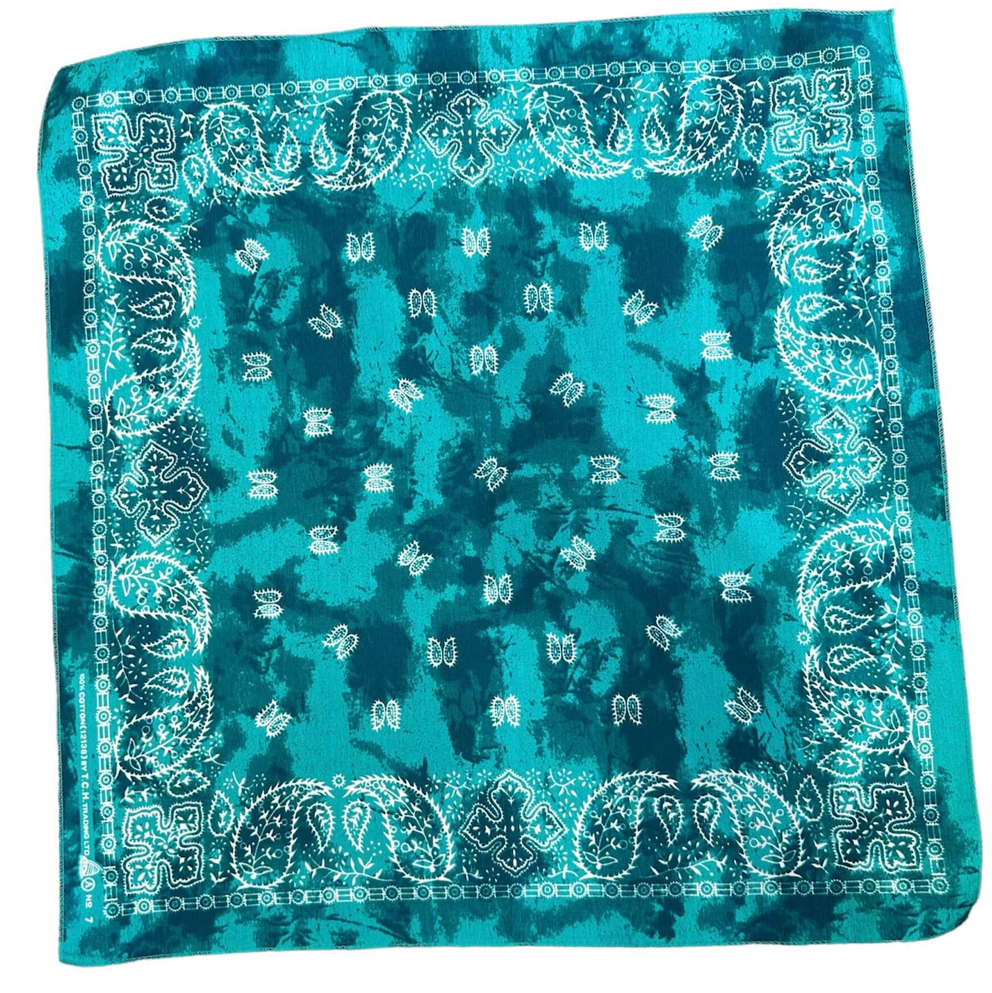 blue tie dye bandana with white paisley overlay