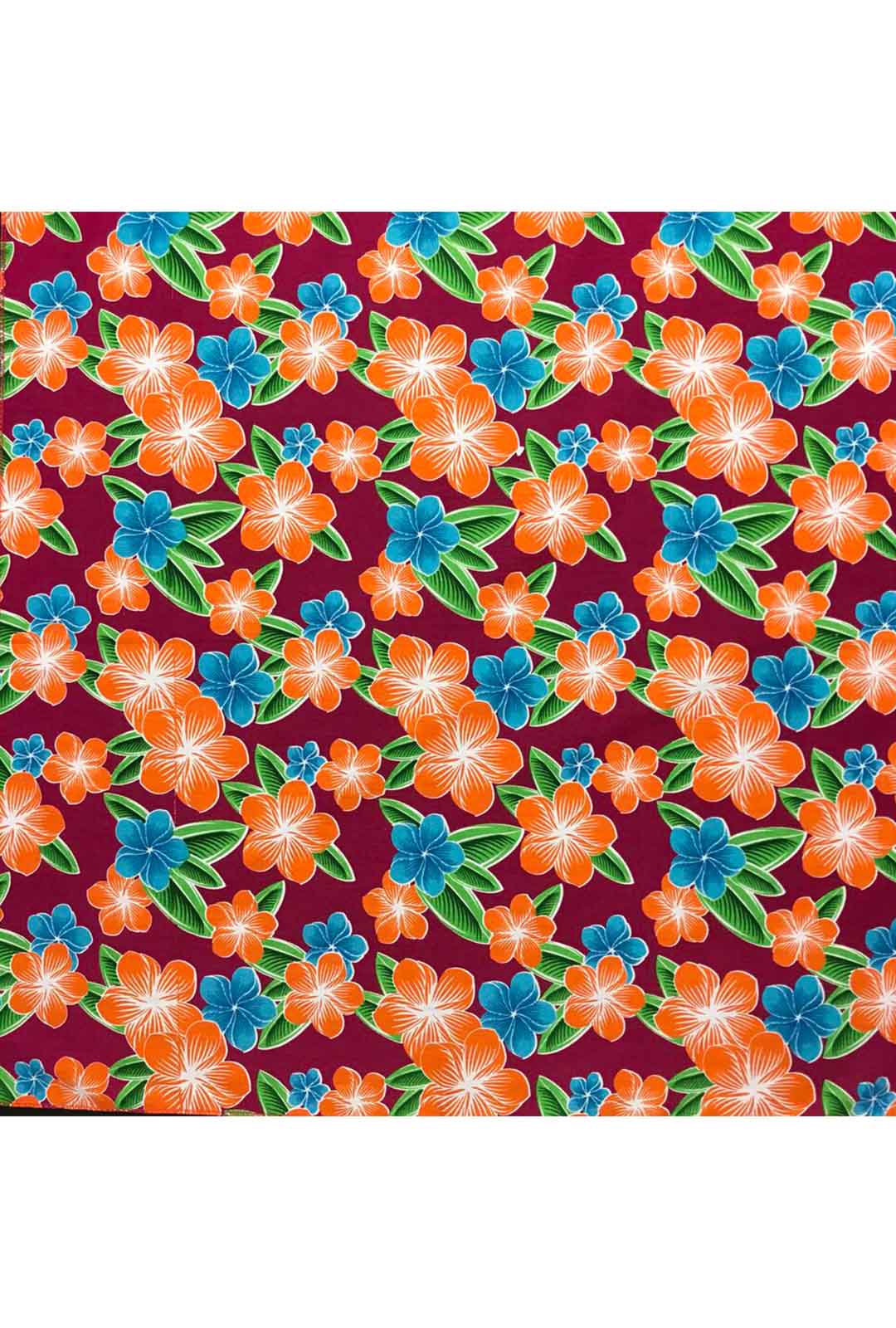 100% Cotton Bandanna with one sided print. Burgundy colour bandana with orange and blue frangipani design.