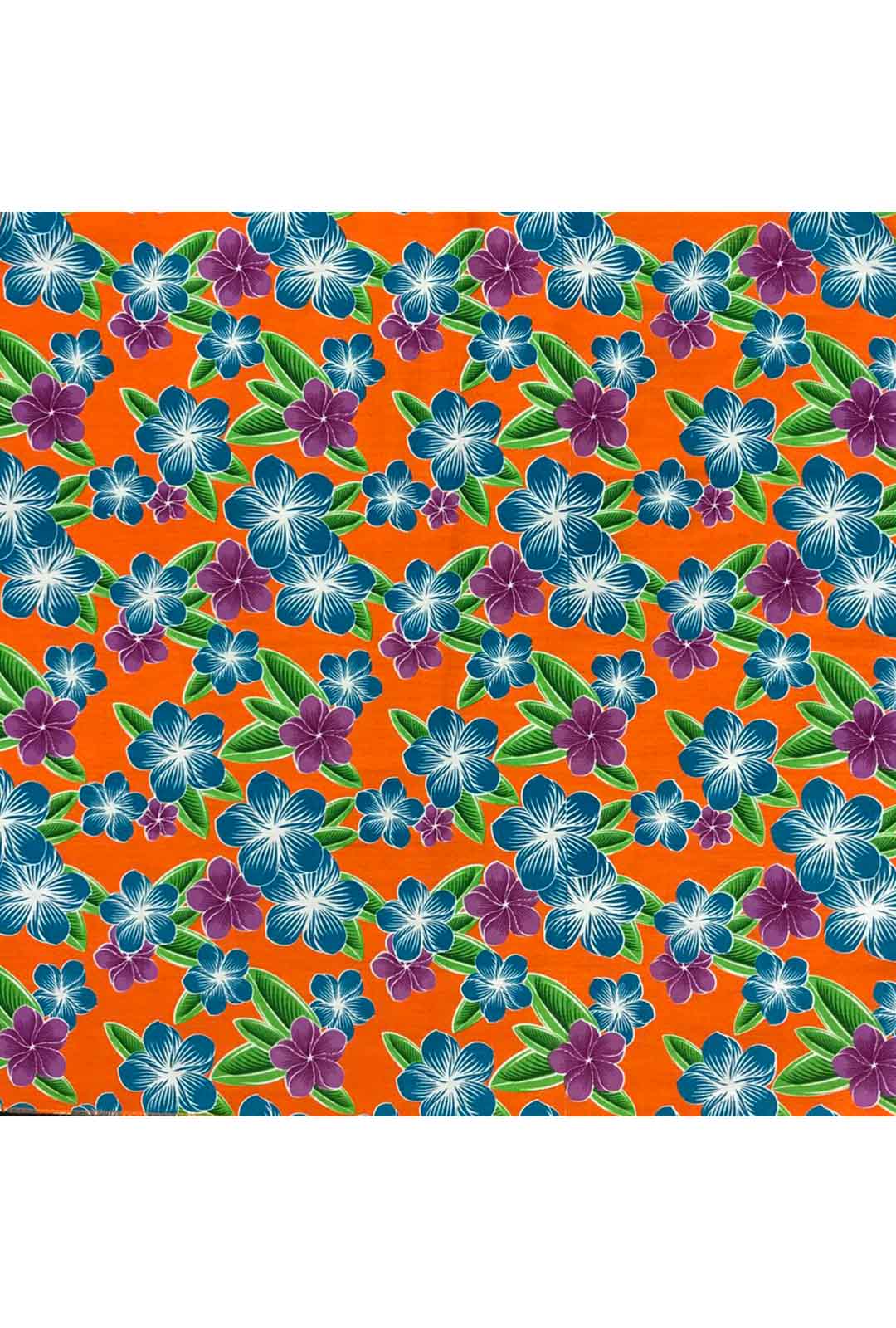 orange bandana print with purple and blue frangipani flowers