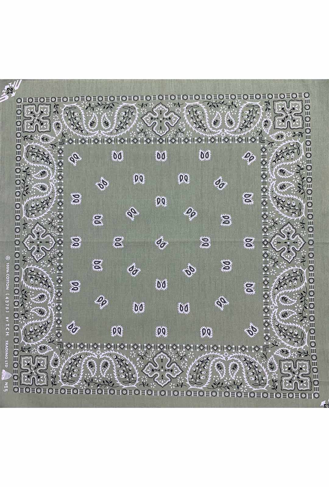 sage green bandana with black and white paisley print