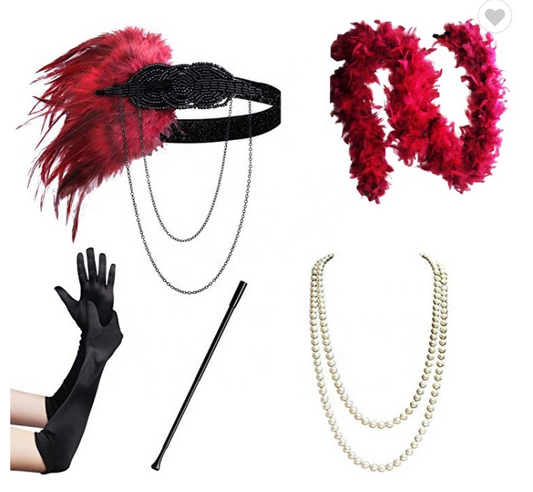 Red Feather Boa & Gloves 1920s Gatsby Flapper Set