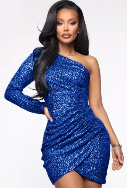 Blue Sequin One Shoulder Dress
