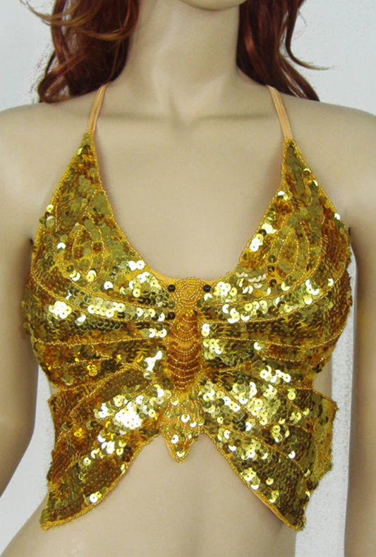 Gold Sequin Butterfly Halter Top