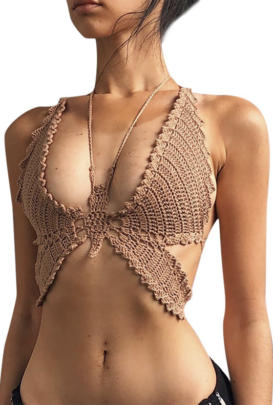 Brown Knit Halter Butterfly Top
