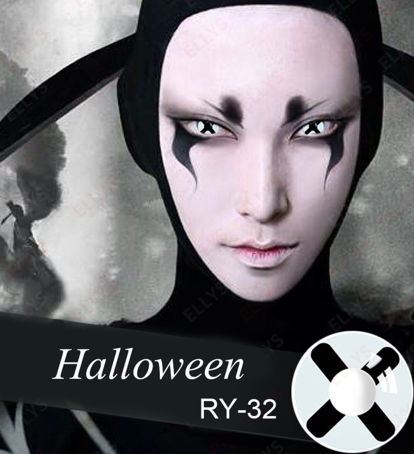 solid white black cross eye contact lenses in use