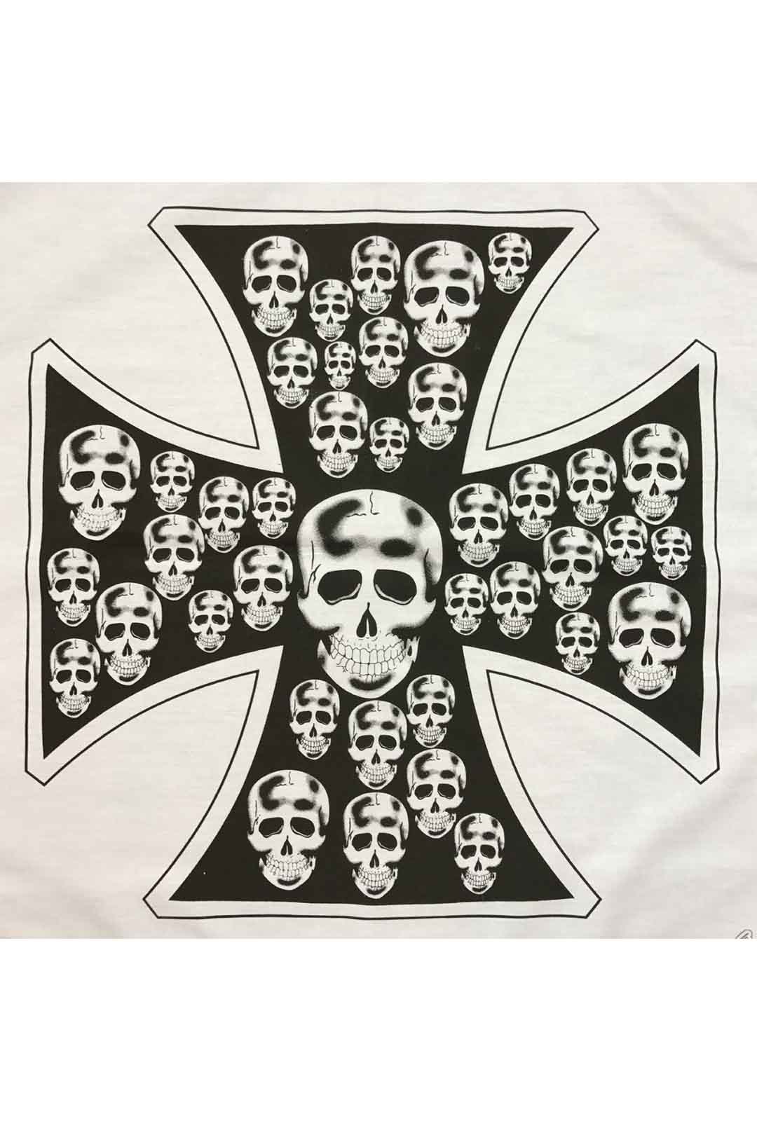white bandana with black cross and skulls