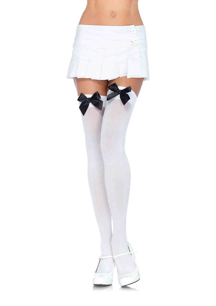 White Thigh Highs with Black Satin Bows
