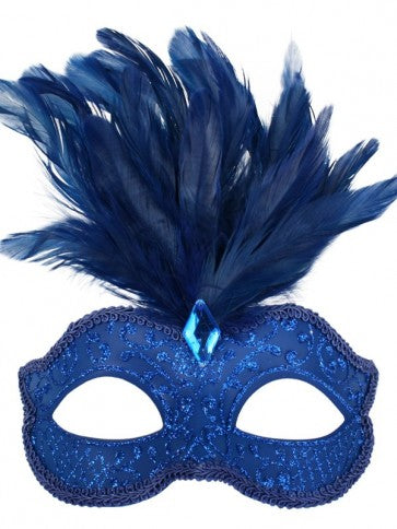 Bright Blue Glittery Eye Mask with Feathers