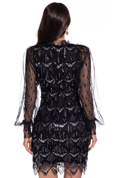 Black Sequin Diamond Long Sleeve Dress