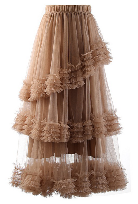 Brown Tiered Ruffle Tulle Long Skirt