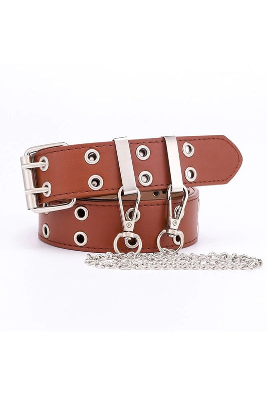 Brown Double Grommet Belt with Chain