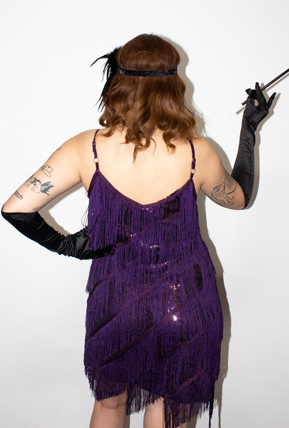 Dark Purple Diagonal Fringe Sequined Flapper Dress
