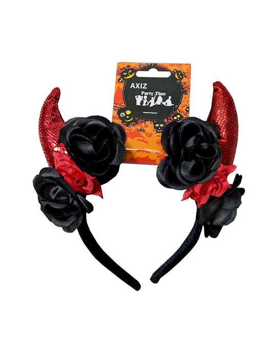 Metallic Devil Horns with Flowers Headband