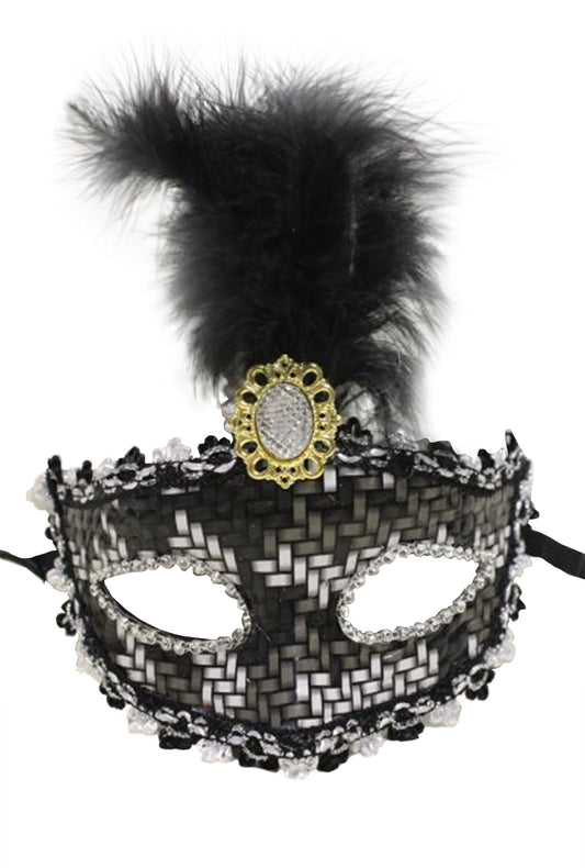 Black Tile Eye Mask with Black Feather