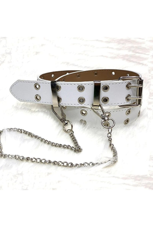 White Double Grommet Belt with Chain