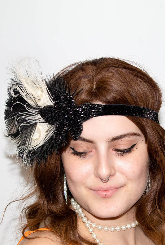 Black and White Feather Gatsby Headband with Flower