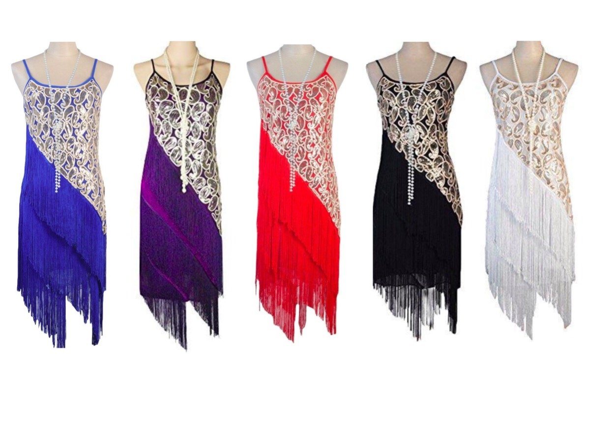 Black Paisley and Diagonal Fringe 1920s Dress
