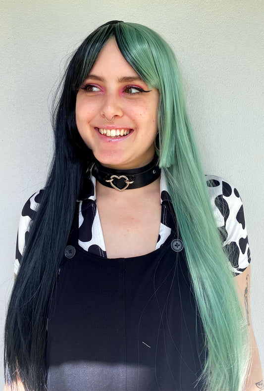 Deluxe Two Toned Long Black and Mint Green Wig