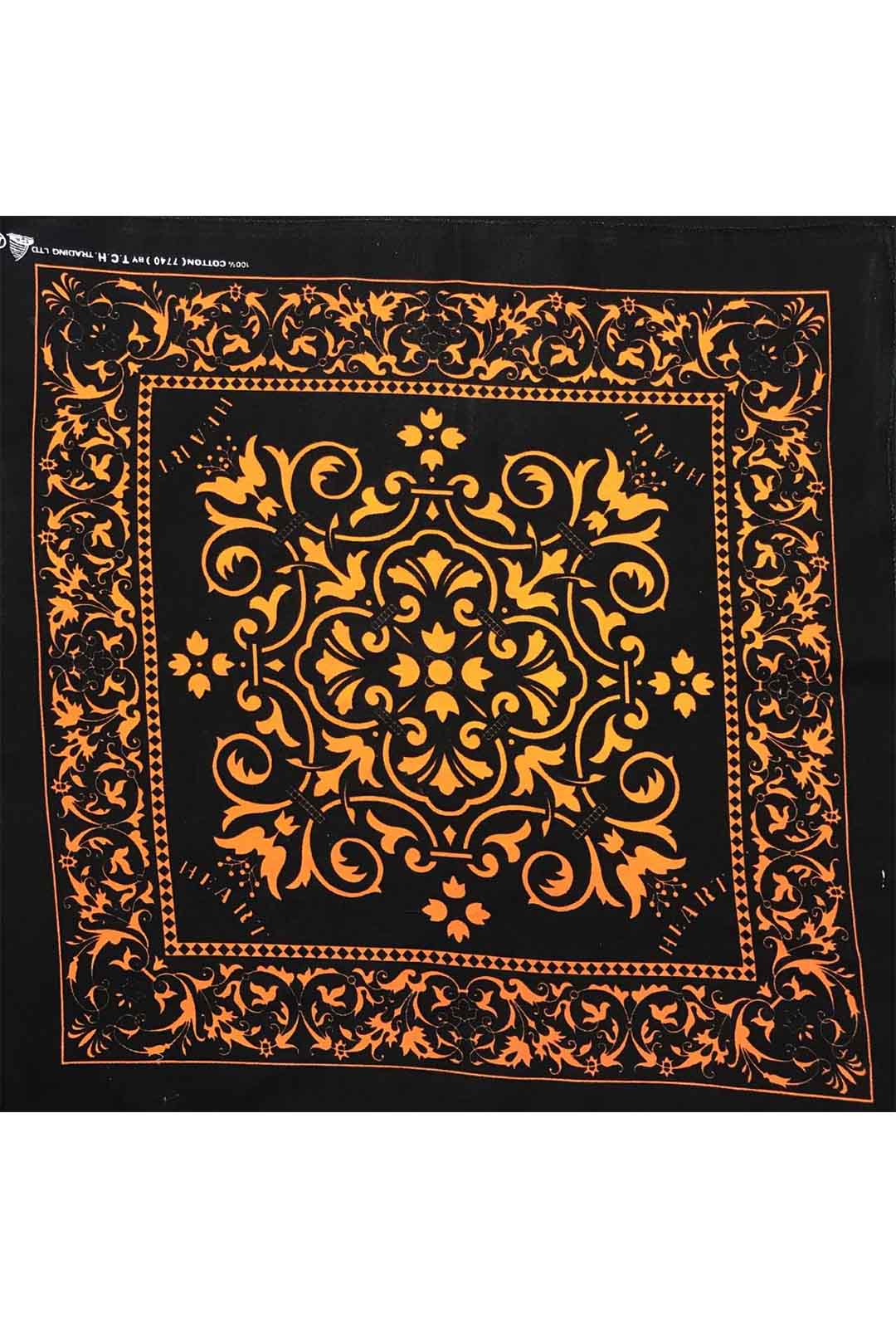 black bandana with orange pattern print and border