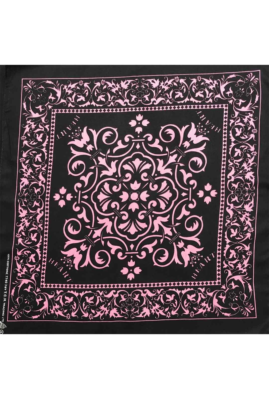 black bandana with light pink print and pattern border