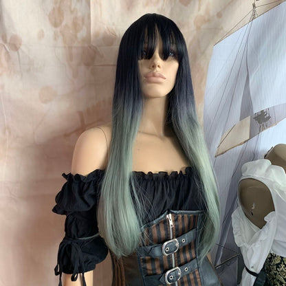 Deluxe Straight Ombre Black to Sage Silver Wig