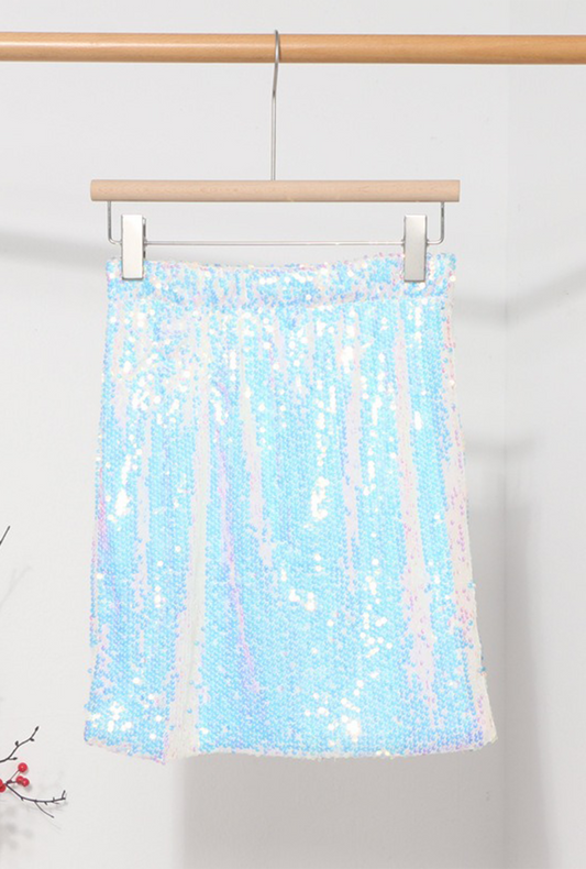 Iridescent Silver Blue Sequin Midi Skirt