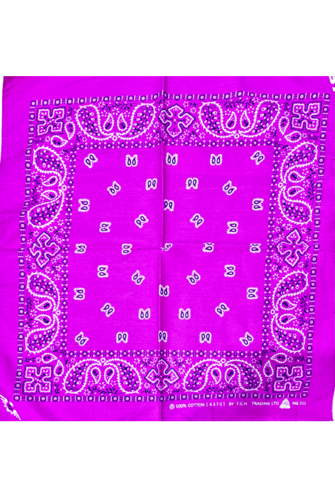 magenta coloured bandana with black and white paisley print.