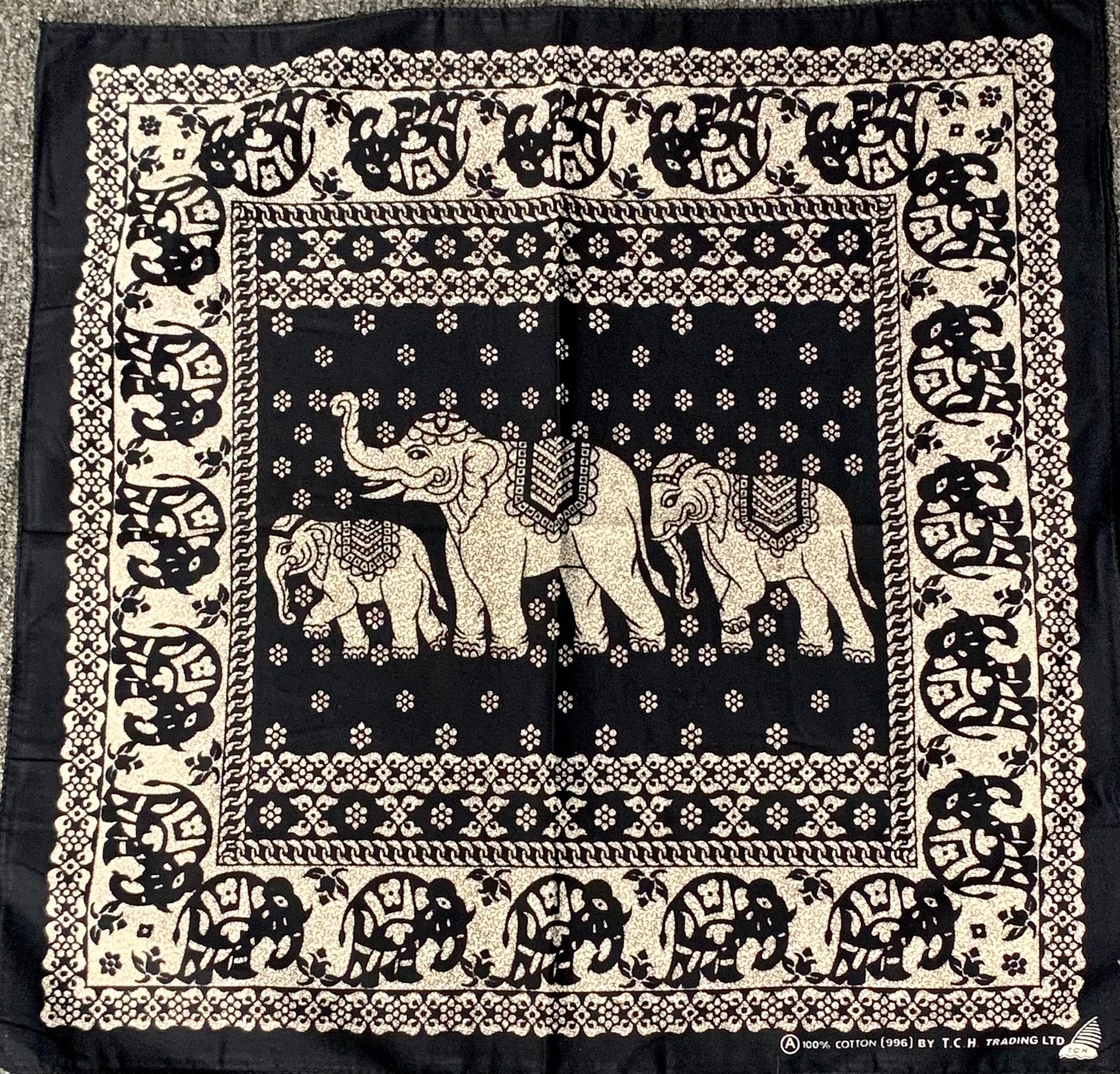black bandana with indian elephant print with patterns and border