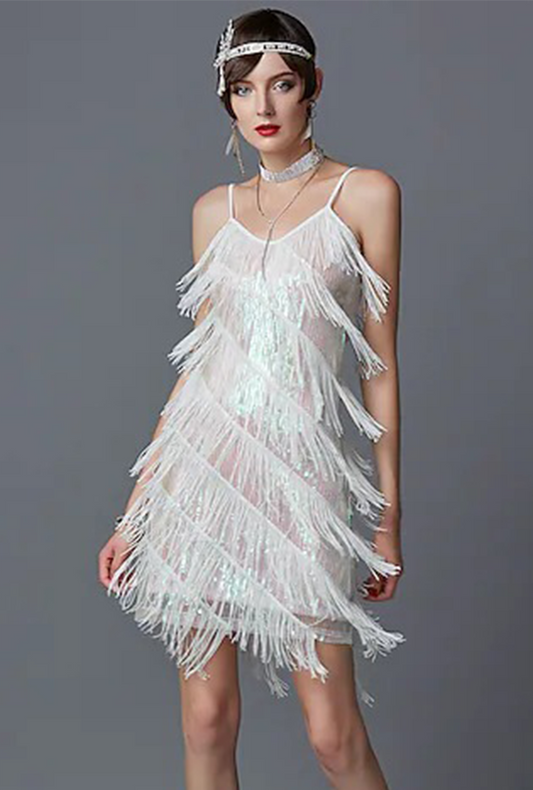 Iridescent White Diagonal Fringe Sequined Flapper Dress
