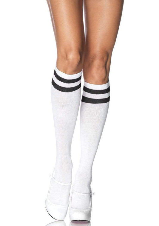 White Athletic Knee High Socks w/ Black Stripes