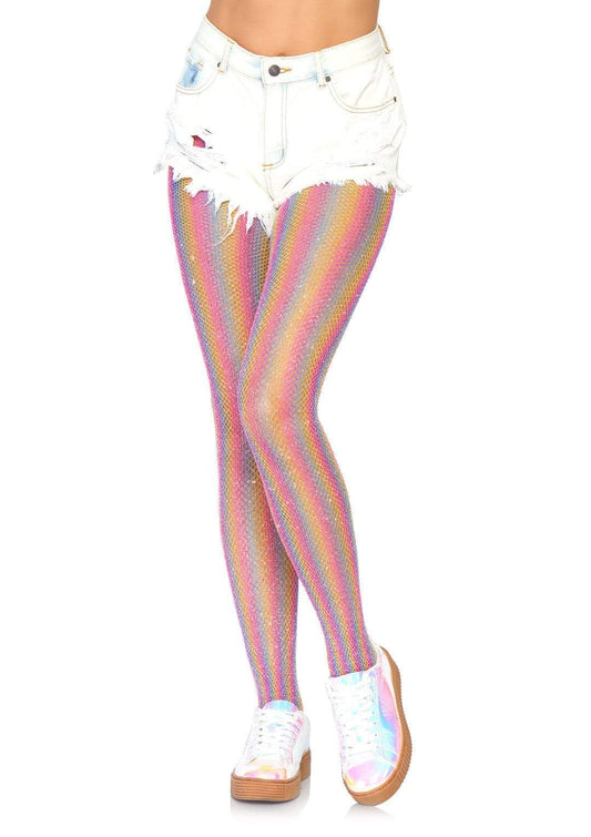 Pink Shimmer Rainbow Striped Fishnet Tights
