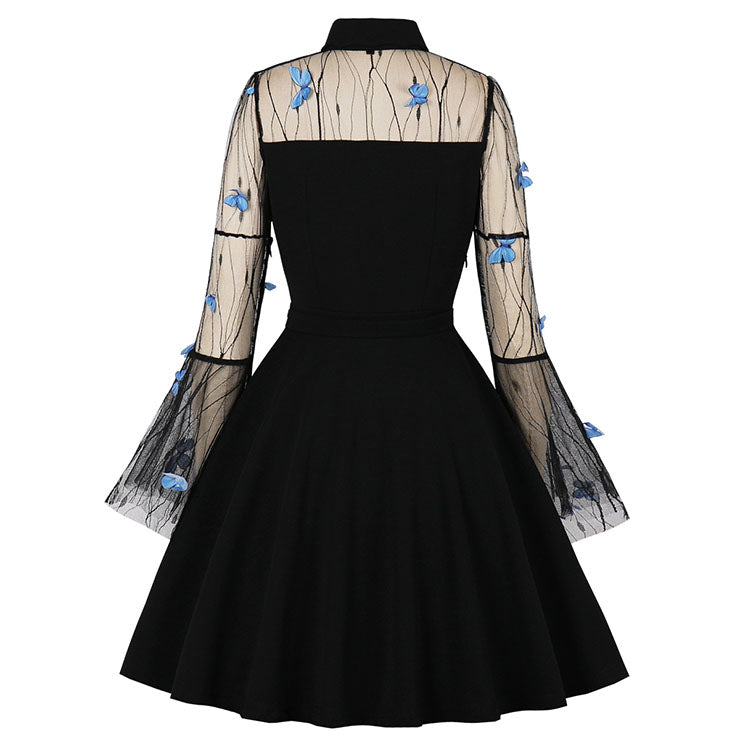 Black Lace Sleeved Dress With Blue Butterflies