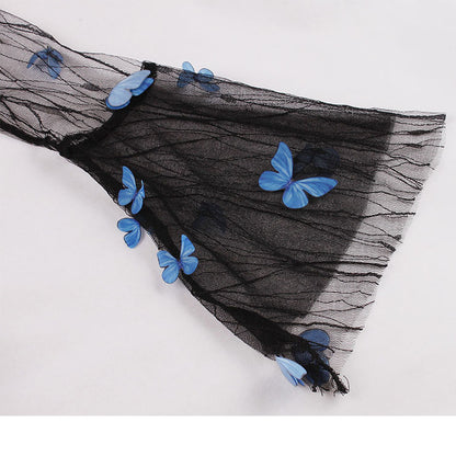 Black Lace Sleeved Dress With Blue Butterflies