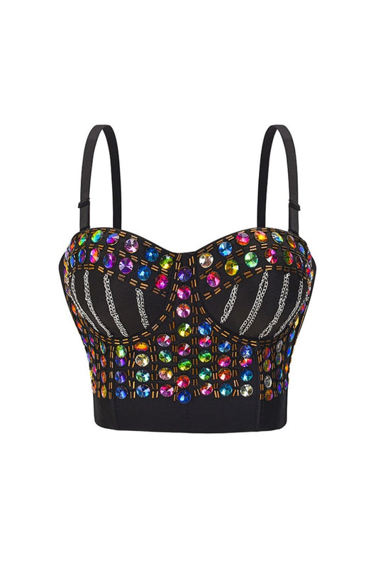 Multi-Coloured Jewelled Bralette with Chains