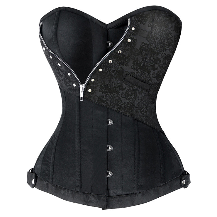 Steel-Boned Black Steampunk Corset with Jacquard and Zip Detail