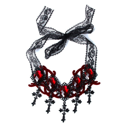 Red Gem & Cross Pendant Necklace