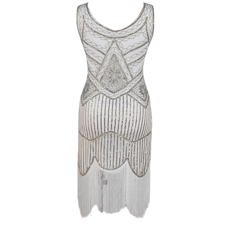 White and Gold Beaded 1920's Gatsby Dress