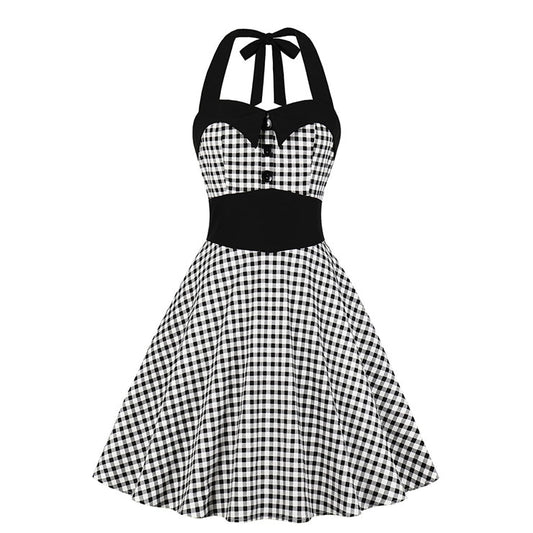 Vintage Black and White Checked Halter Dress