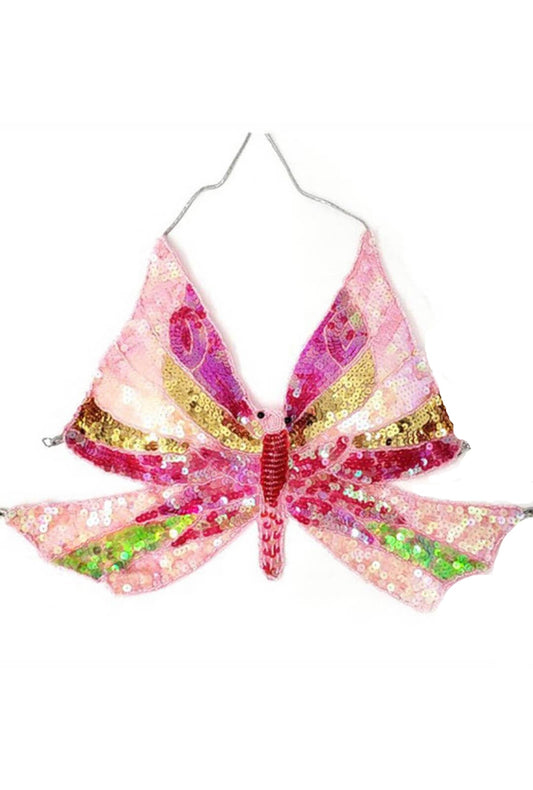 Sequin Pink Gold & Lime Butterfly Halter Top