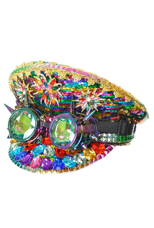 Rainbow Sequin Hat with Chrome Goggles