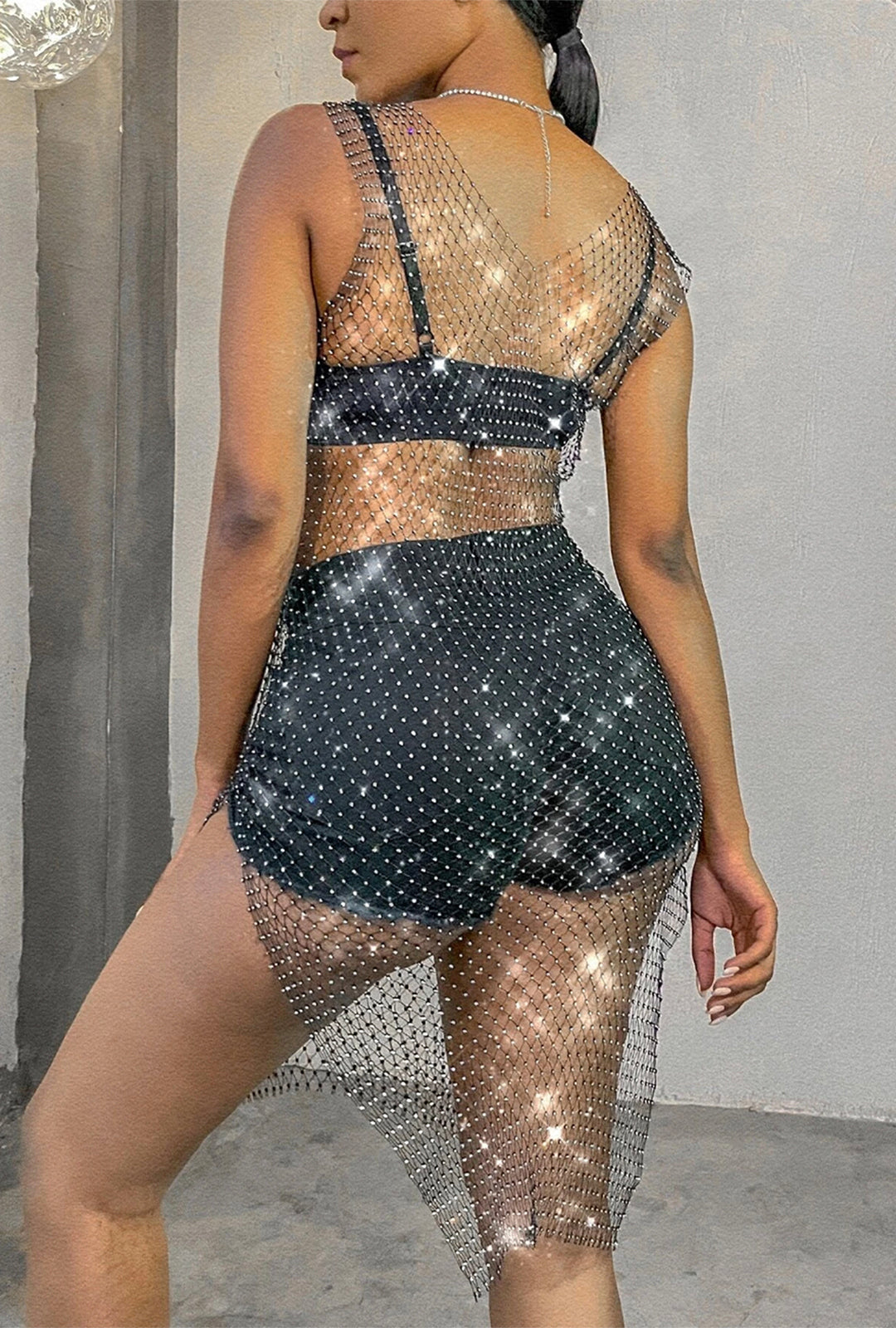 Black Rhinestone Fishnet Dress