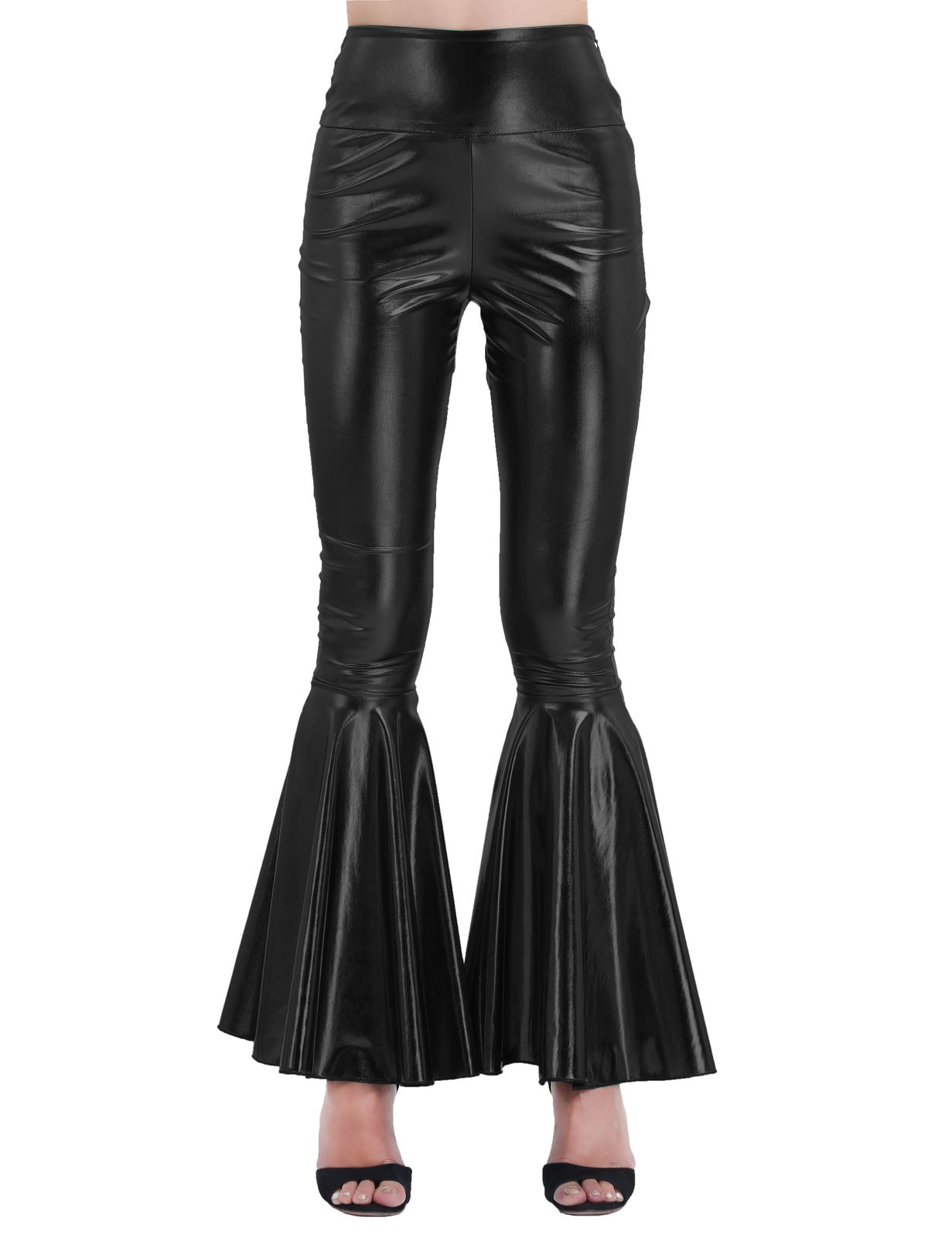 Wet Look Black Flared Disco Pants