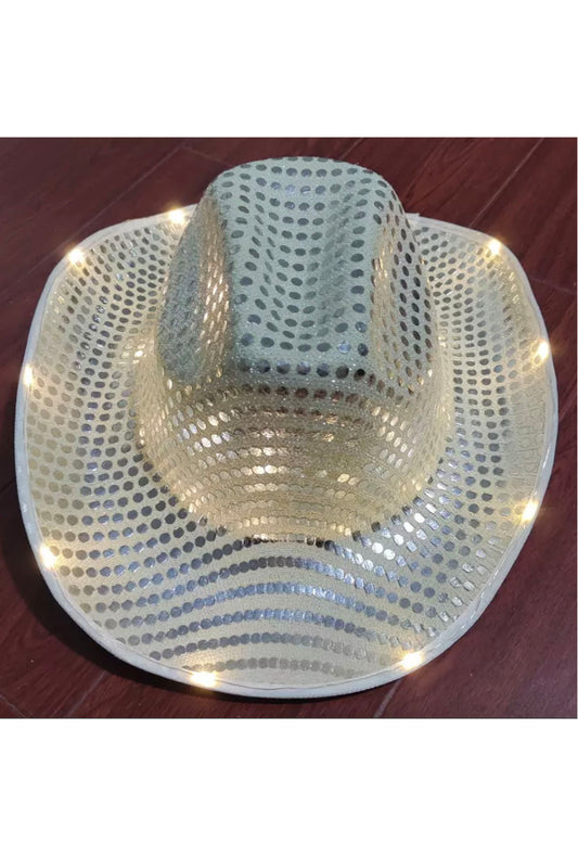 White Sequin Light Up Cowboy Hat