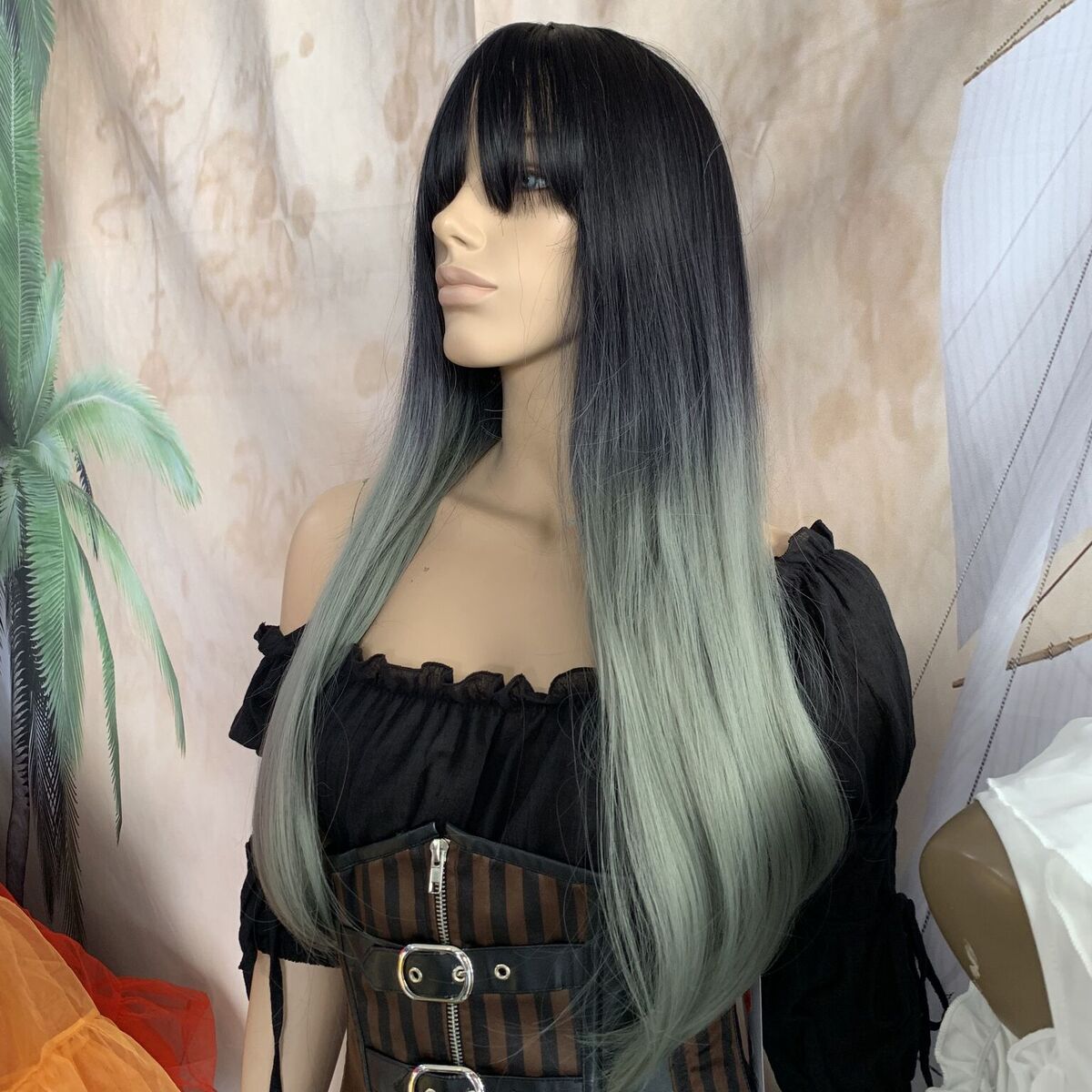 Deluxe Straight Ombre Black to Sage Silver Wig