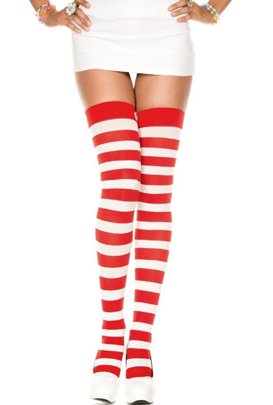 Red and White Knitted Thigh Highs